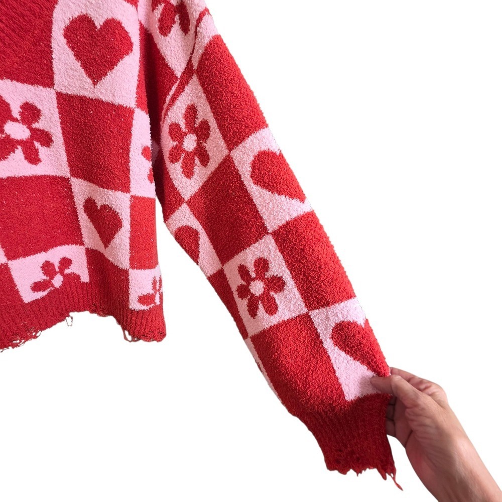 POL Heart & Floral Checkered V-Neck Sweater Medium Coquette - Picture 6 of 14